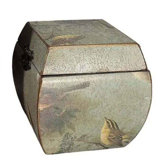 Vintage Wood Trinket Box Song Bird Print Distressed Dresser Keepsake Hinged Lid - Picture 2 of 9